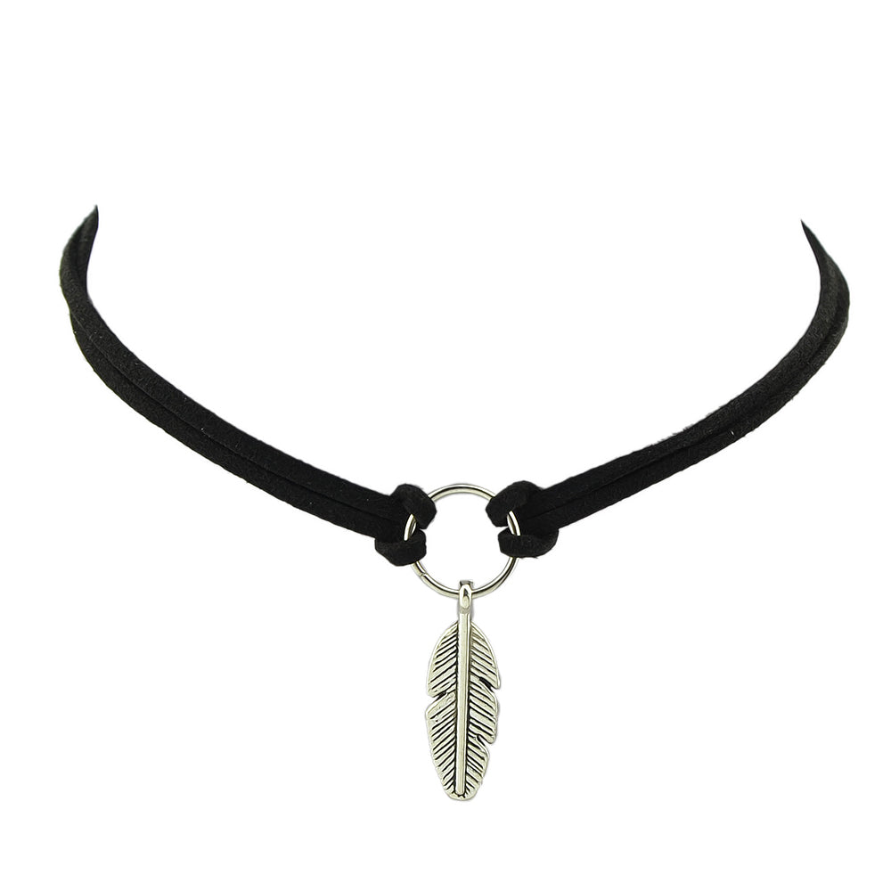 Gothic Leather Choker Feather Charm 90s Grunge Collar Double Layer Punk Necklace