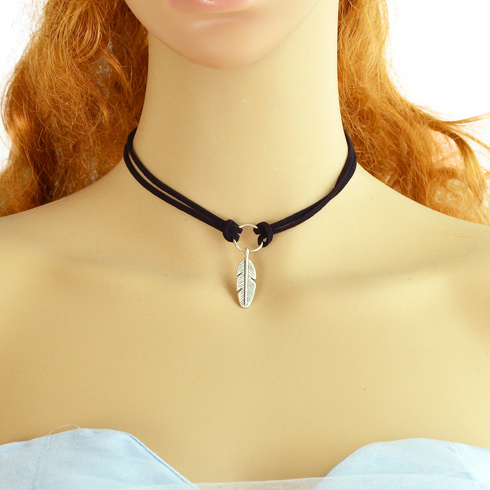 Gothic Leather Choker Feather Charm 90s Grunge Collar Double Layer Punk Necklace