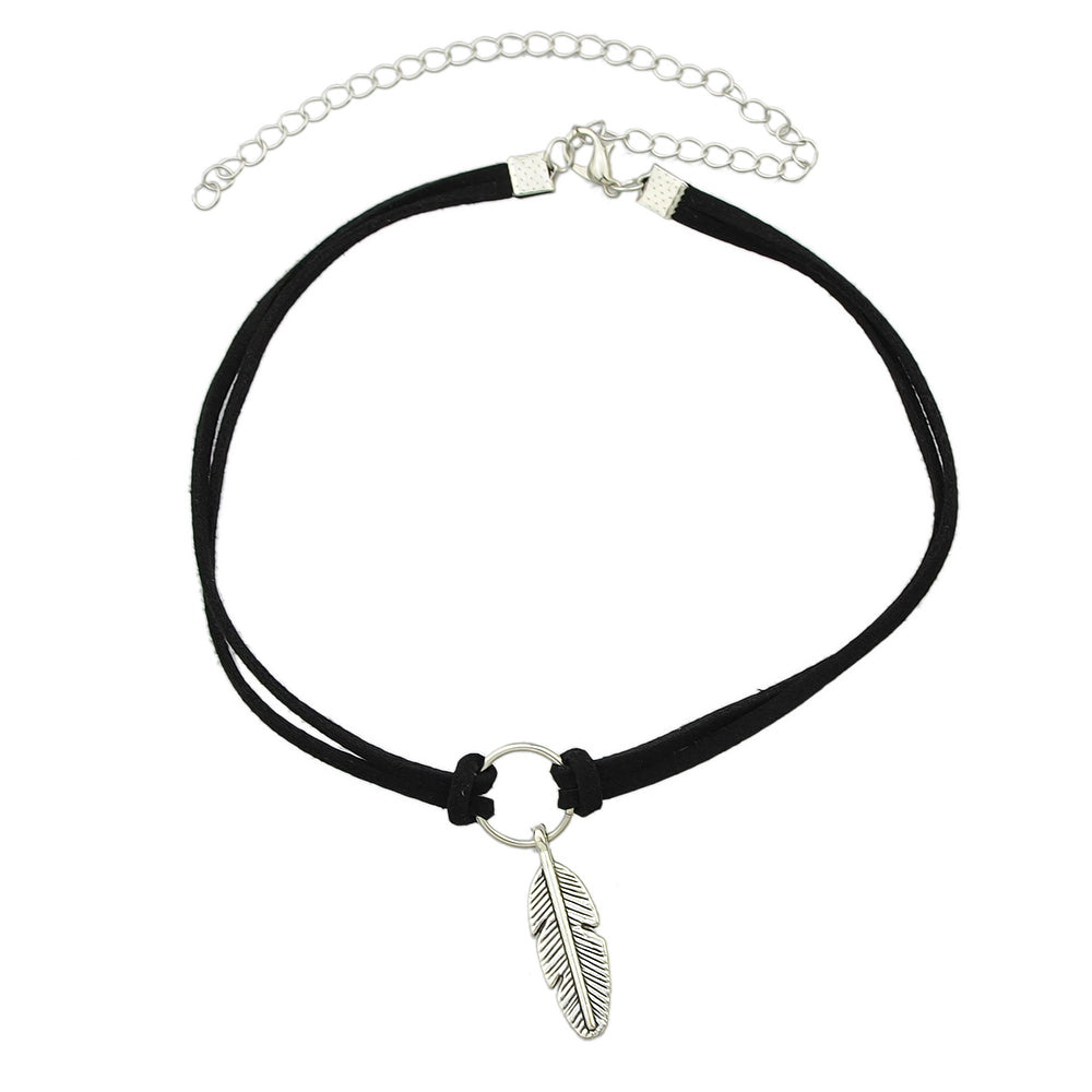 Gothic Leather Choker Feather Charm 90s Grunge Collar Double Layer Punk Necklace