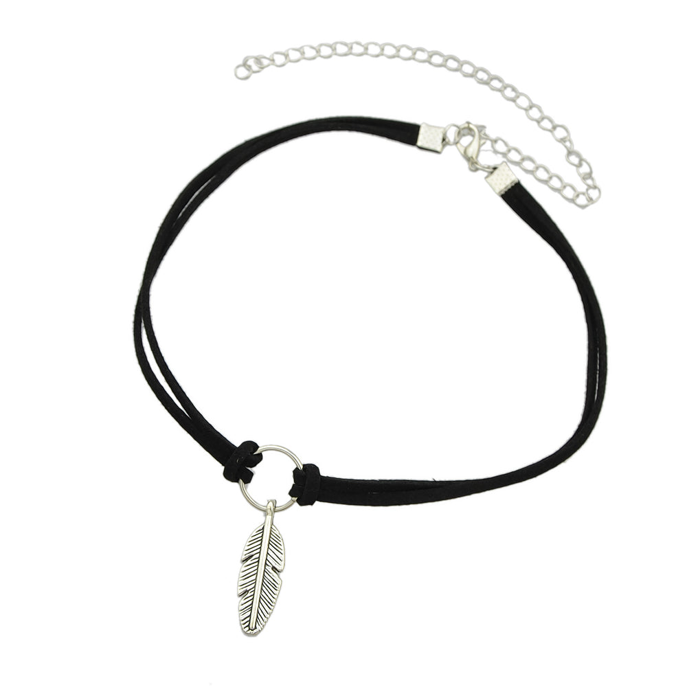 Gothic Leather Choker Feather Charm 90s Grunge Collar Double Layer Punk Necklace