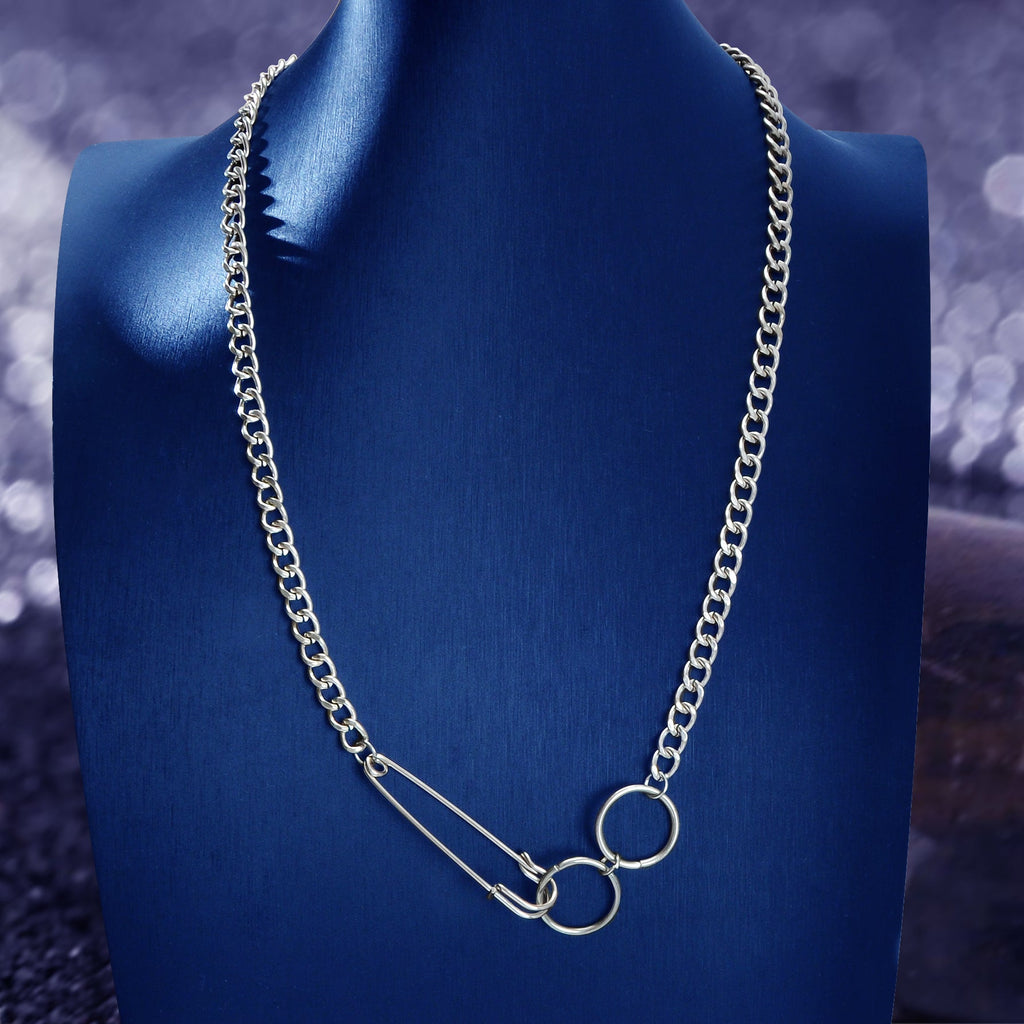 Gothic Street Silver Safety Pin Y-Shaped Punk Cuban Chain Ring Pendant Necklace
