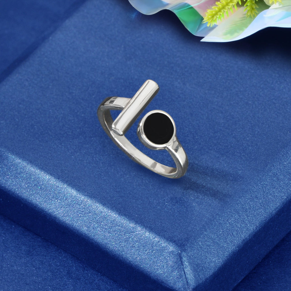 Textured Jewellery Black Enamel Round Bar Silver Open Cuff Finger Women Ring