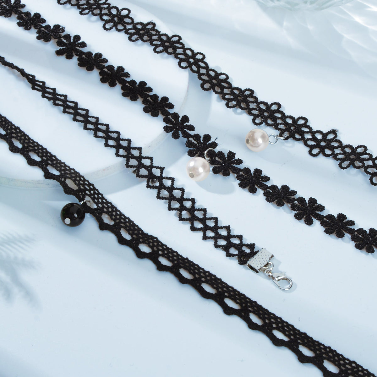 Black Elastic 4pcs Lace Flower Boho Gothic 90s Tattoo Choker Triangle Collar