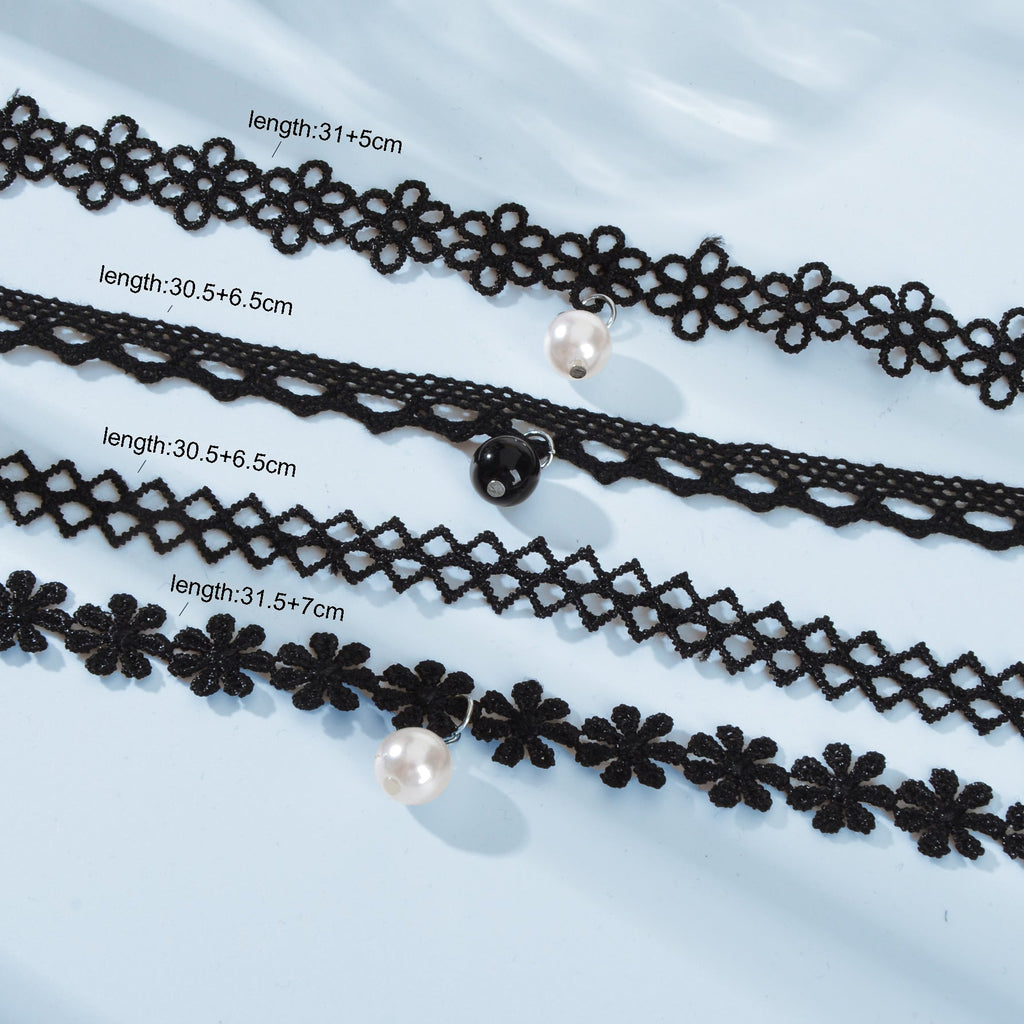 Black Elastic 4pcs Lace Flower Boho Gothic 90s Tattoo Choker Triangle Collar