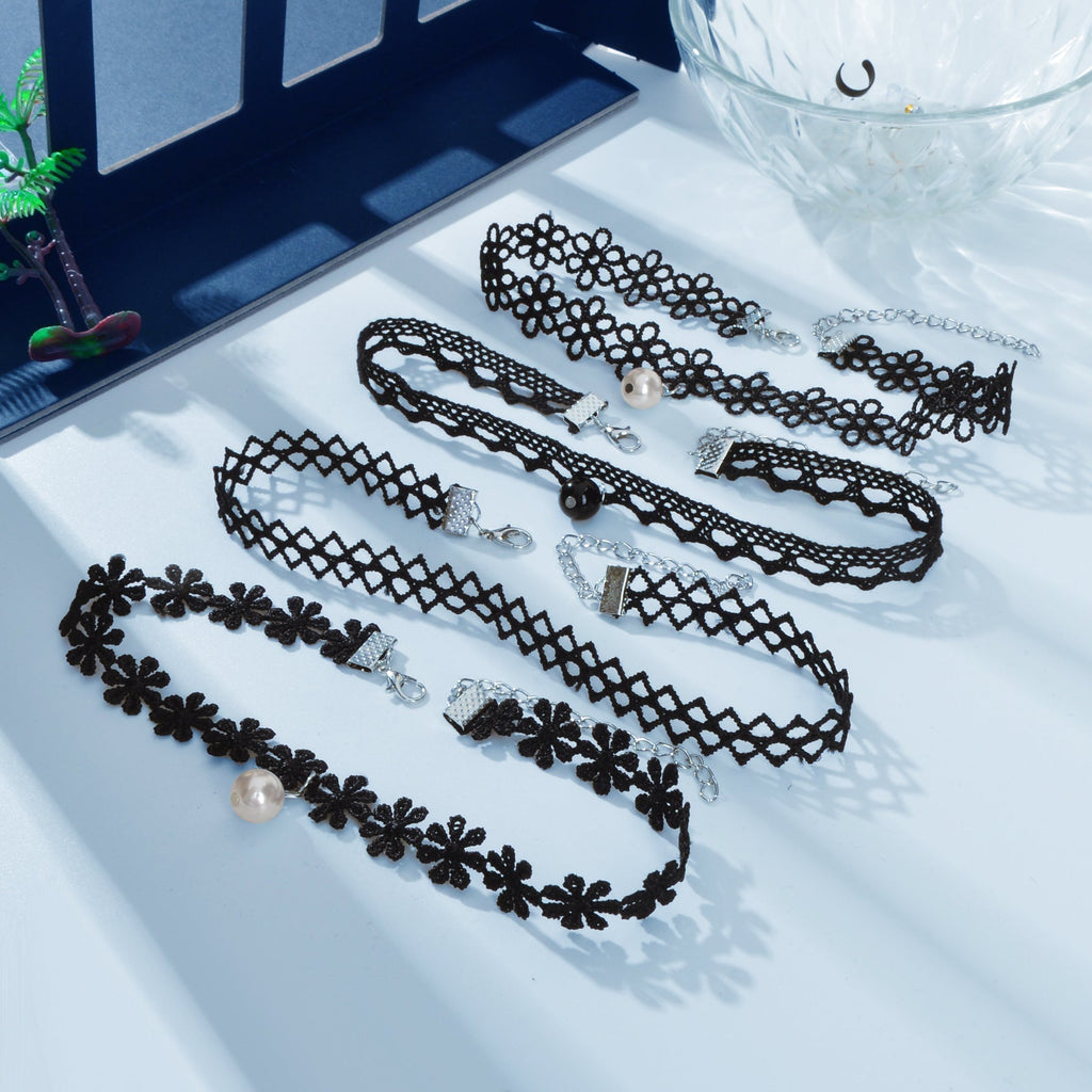 Black Elastic 4pcs Lace Flower Boho Gothic 90s Tattoo Choker Triangle Collar