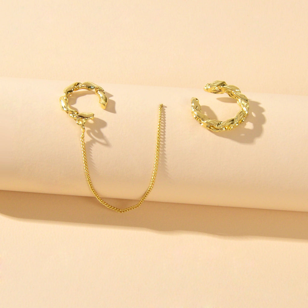 2 pcs Cartilage Jewellery Gold Chain Cuff Earrings Stud Punk Statement Ear Cuff