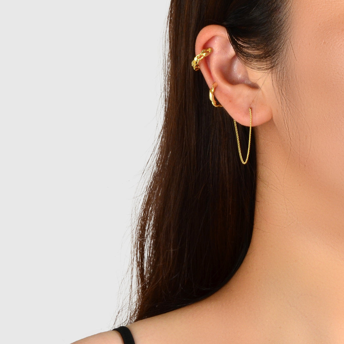2 pcs Cartilage Jewellery Gold Chain Cuff Earrings Stud Punk Statement Ear Cuff