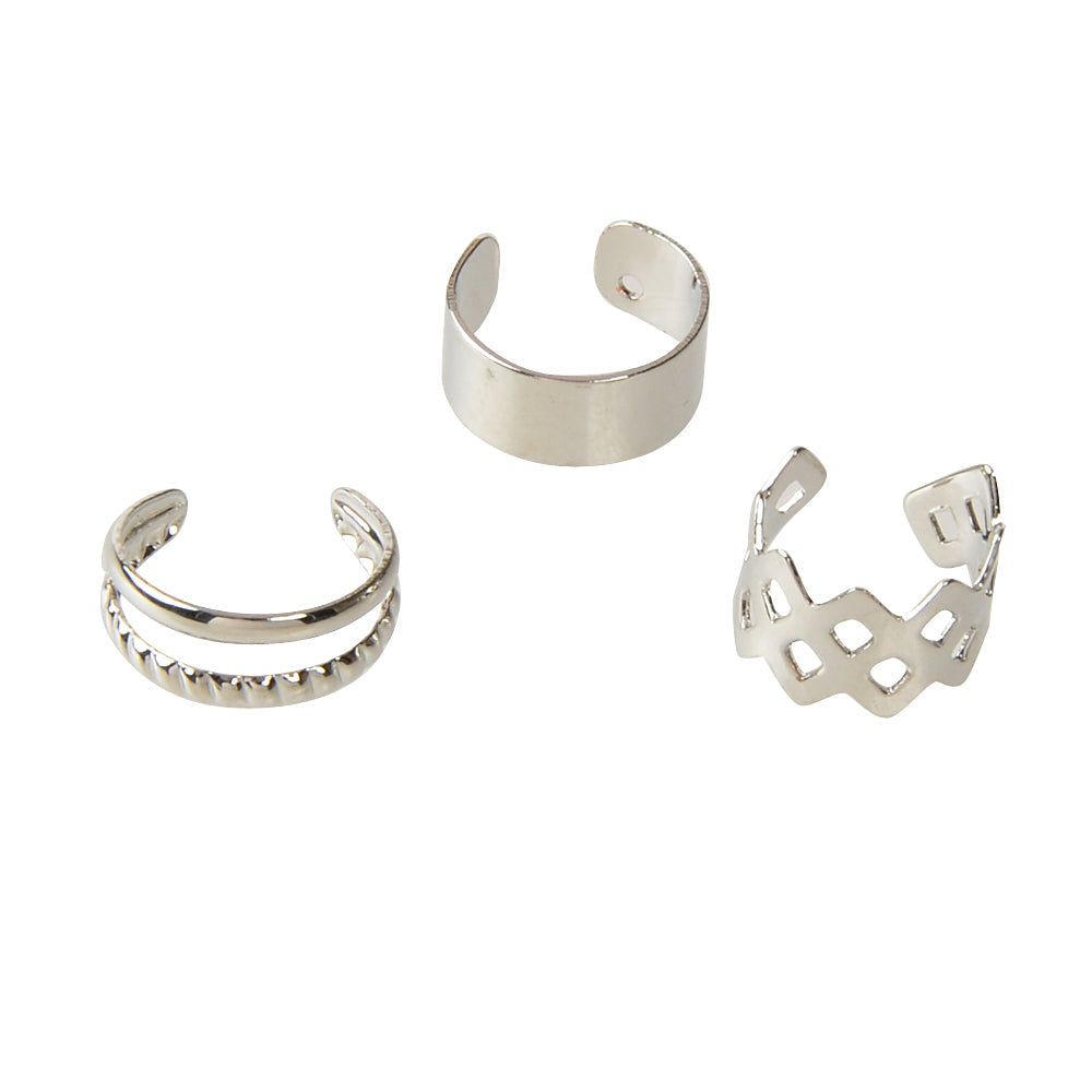 3 pcs Rock Style Silver Geometric Ear Cuff Earrings set Teens Clip on Jewellery