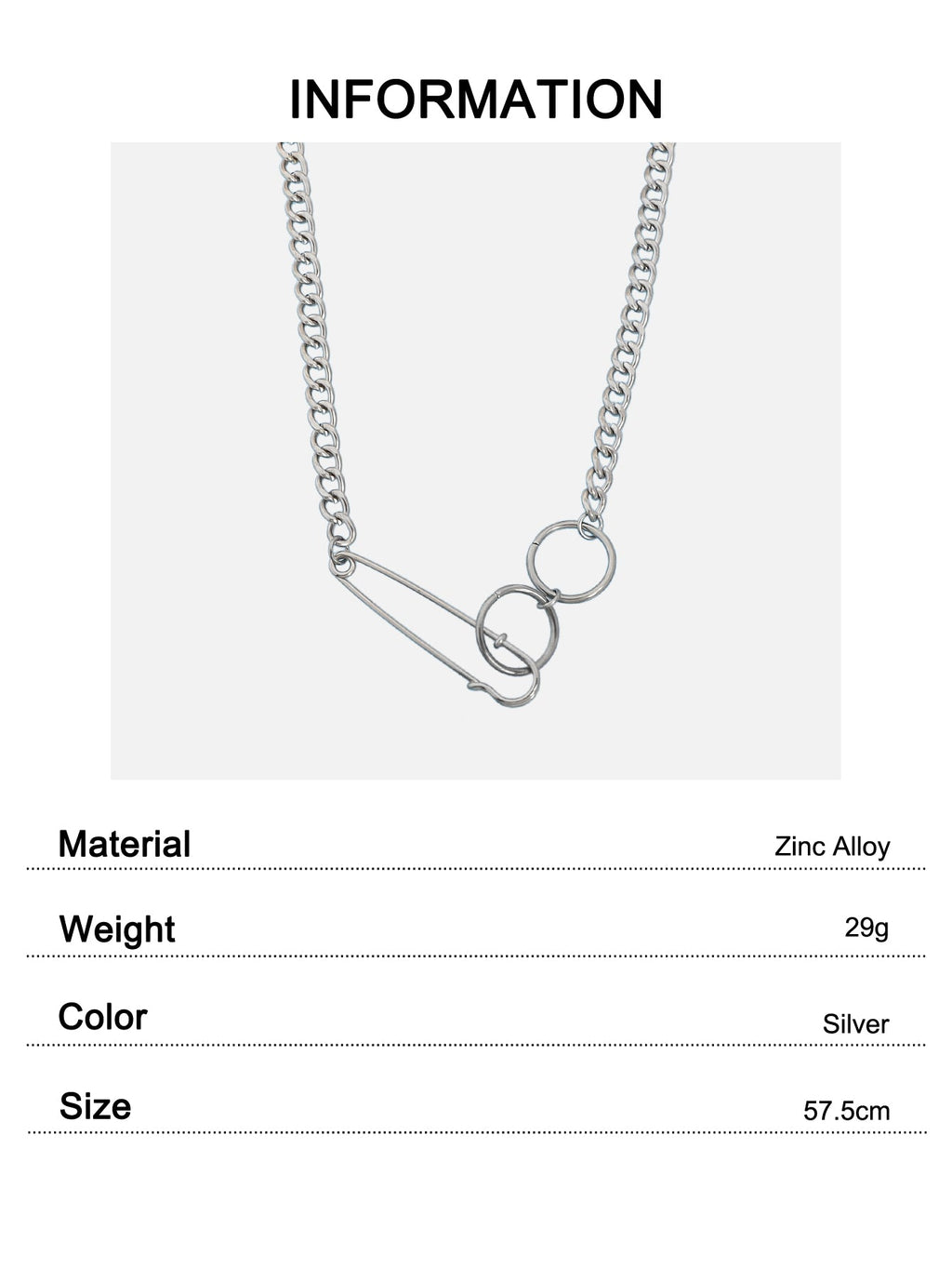 Gothic Street Silver Safety Pin Y-Shaped Punk Cuban Chain Ring Pendant Necklace