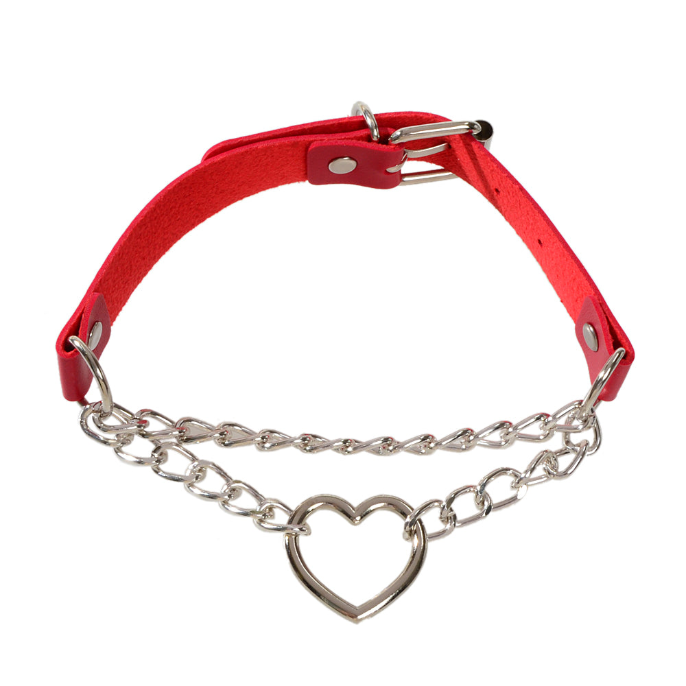 Double Layer Chunky Silver Chain Heart Charm Sexy Leather Choker Grunge Collar