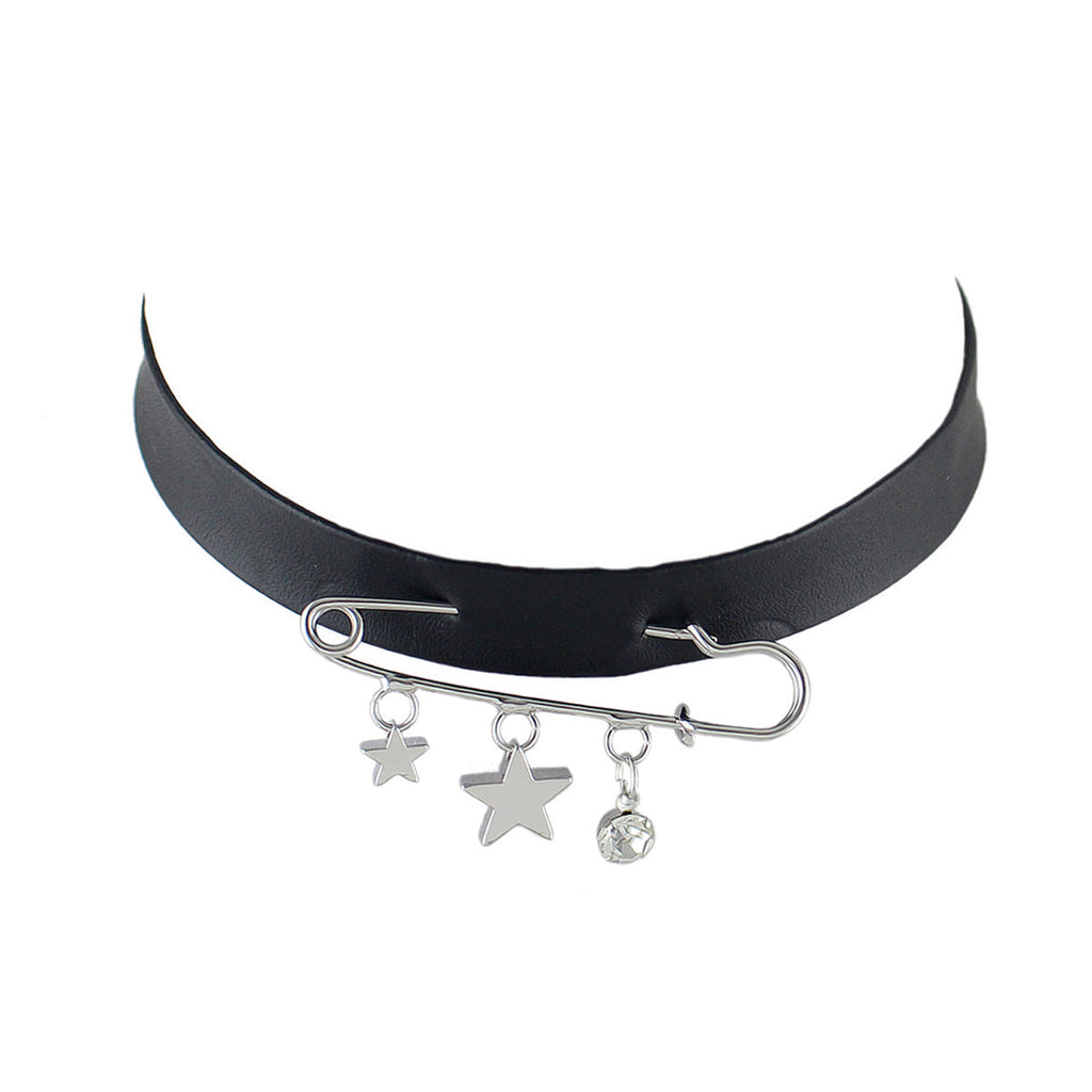 Grunge Rock Black Pu Leather Star Charm Pin Tattoo Choker Hippie Necklace Collar
