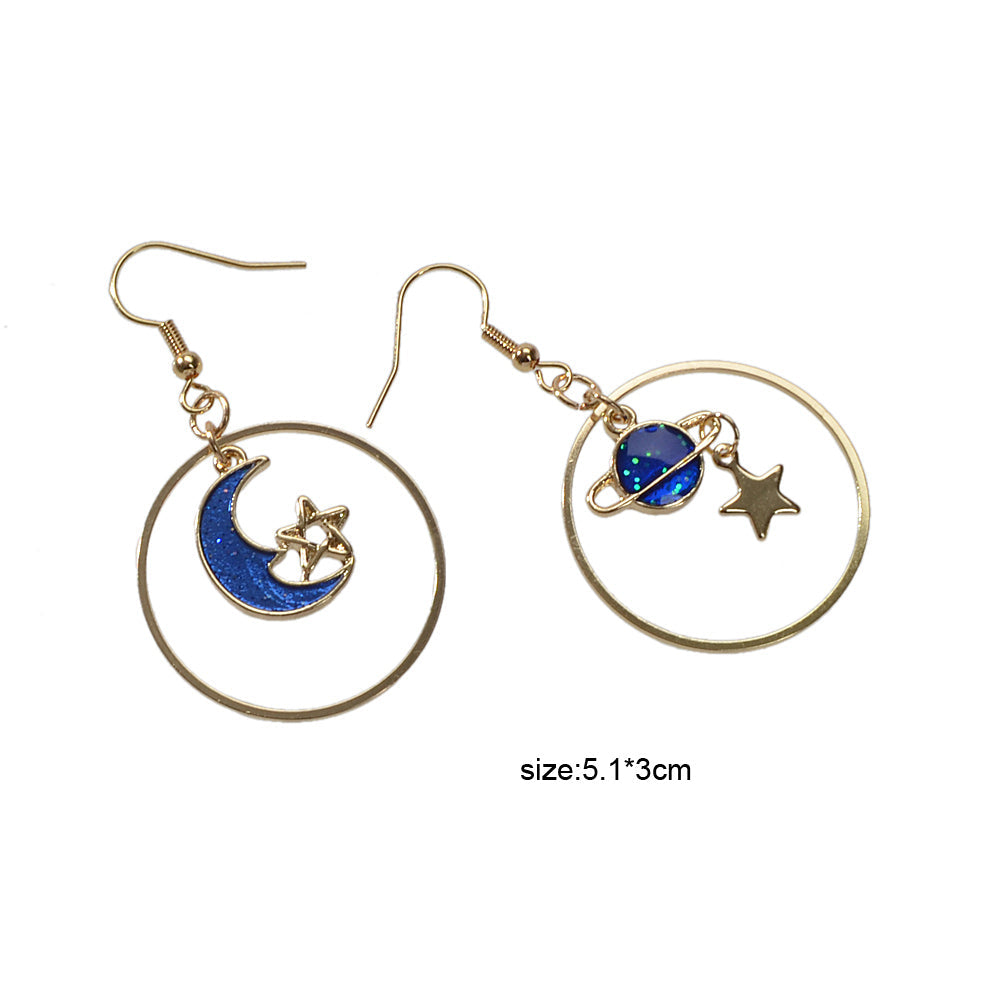 Star Moon Planet Globe Circle Asymmetric Dangle Women Teens Round Hoop Earrings