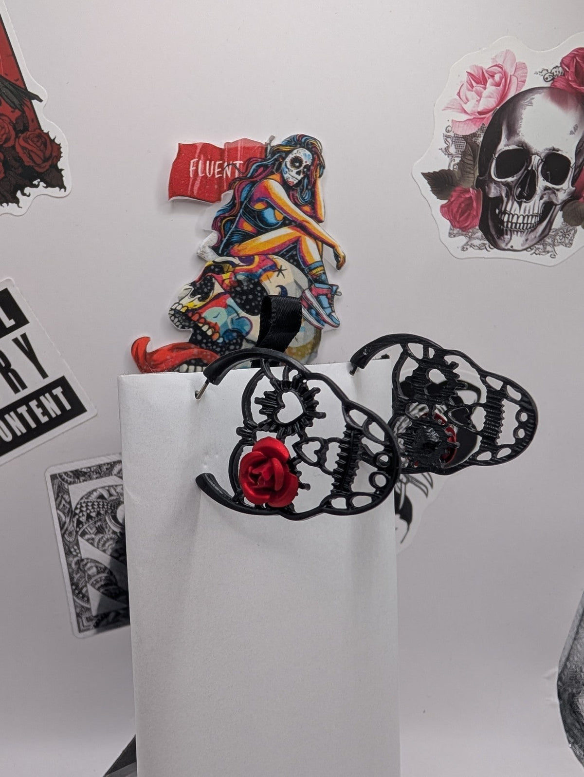 Black Skull Rose Goth Style Earrings-2