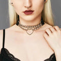 Double Layer Chunky Silver Chain Heart Charm Sexy Leather Choker Grunge Collar