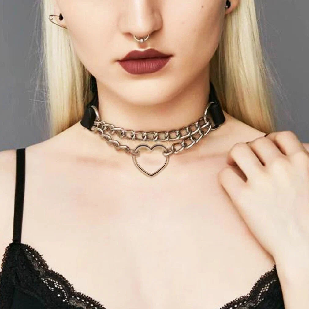 Double Layer Chunky Silver Chain Heart Charm Sexy Leather Choker Grunge Collar