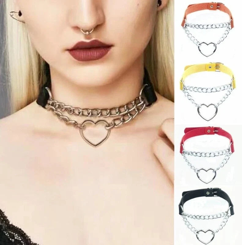 Double Layer Chunky Silver Chain Heart Charm Sexy Leather Choker Grunge Collar