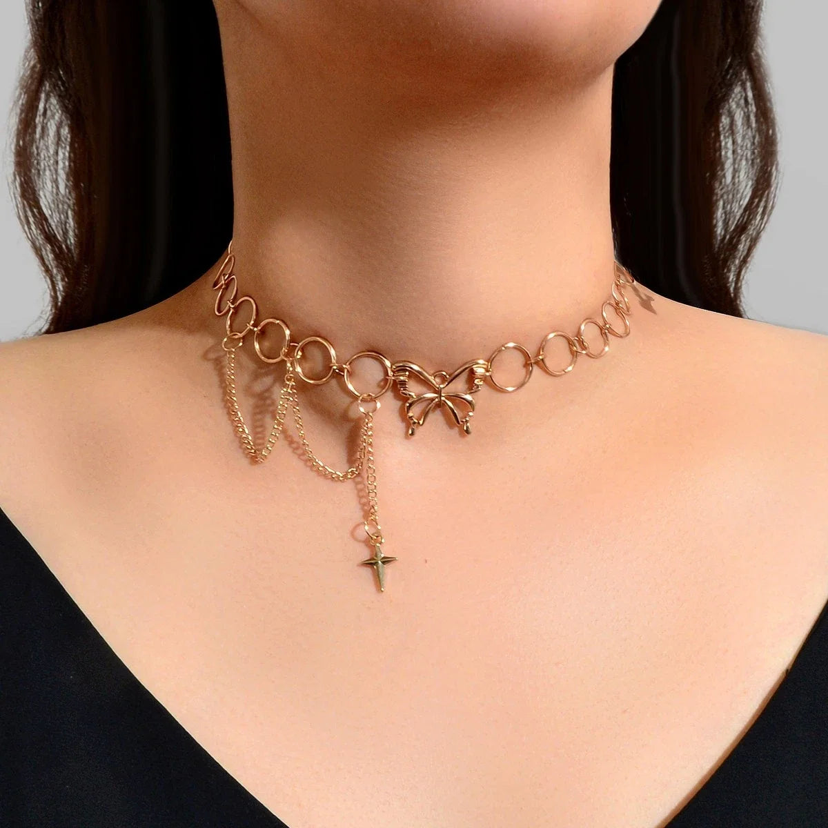 Silver Chain Star Butterfly Fringe Necklace Tassel Collar Accessories Jewellery