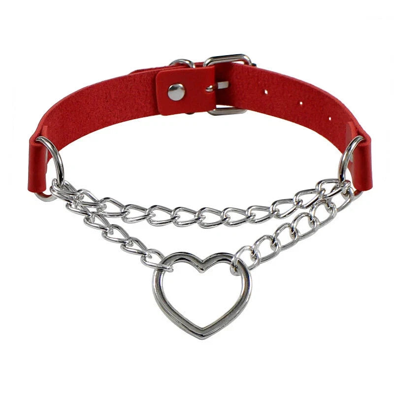 Double Layer Chunky Silver Chain Heart Charm Sexy Leather Choker Grunge Collar
