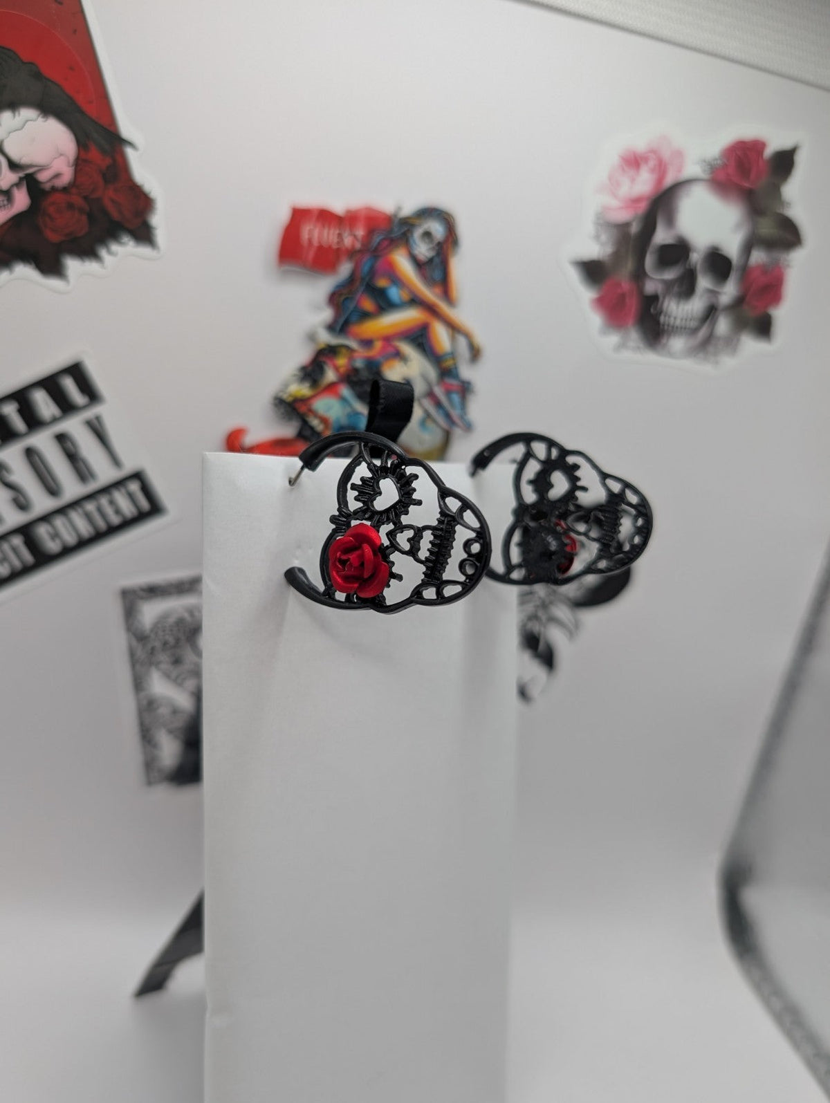 Black Skull Rose Goth Style Earrings-0